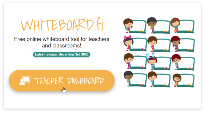 Screenshot of the Whiteboard.fi front page with a cursor on top of the Teacher Dashboard button.